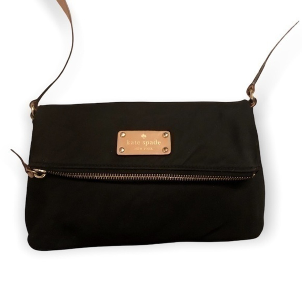Kate spade black fold over nylon and leather crossbody bag